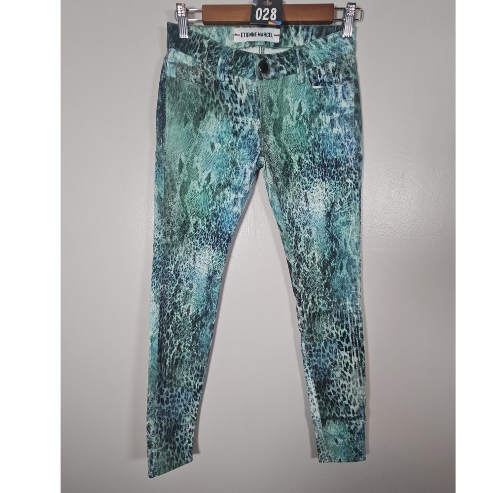 Etienne Marcel Womens Teal Green Animal Print Skinny Jeans Size 26 EM7085